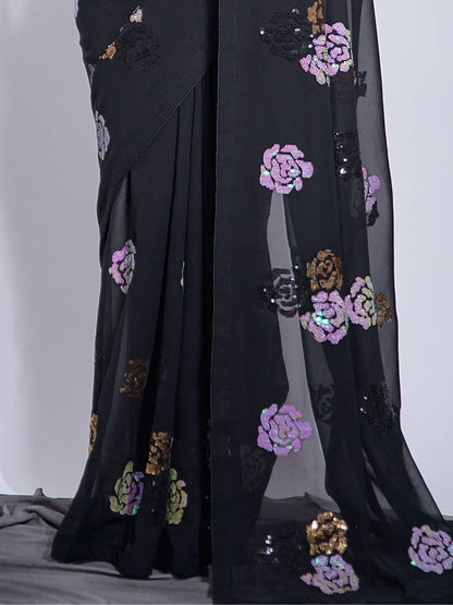 Ready To Wear Stylish Black Color Floral Printed Festival Wear Saree