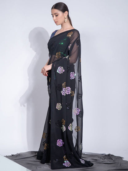 Ready To Wear Stylish Black Color Floral Printed Festival Wear Saree