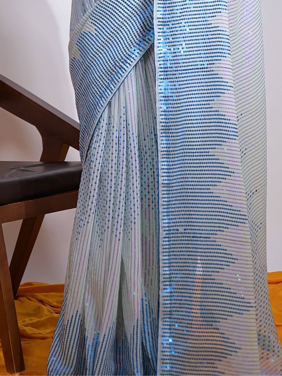 Bollywood Pakistani Style Blue Sequence Ready To Wear Fancy Saree