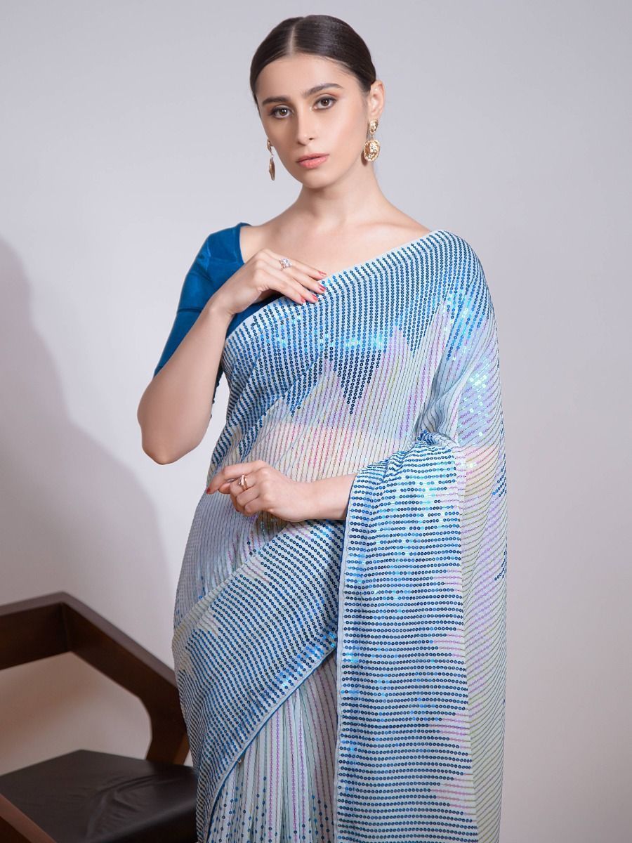 Bollywood Pakistani Style Blue Sequence Ready To Wear Fancy Saree