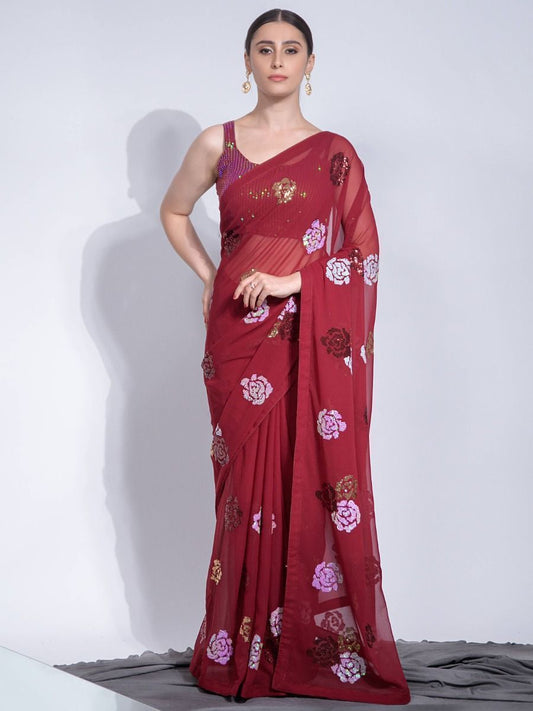 Attractive Maroon Sequins & Floral Work Georgette Material Ethnic Party Wear Saree