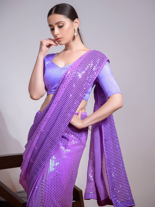 Indian Pakistani Designer Purple Sequence Party Wear Saree