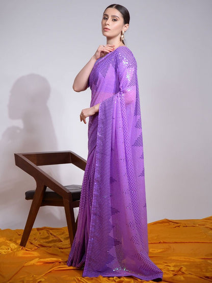 Indian Pakistani Designer Purple Sequence Party Wear Saree