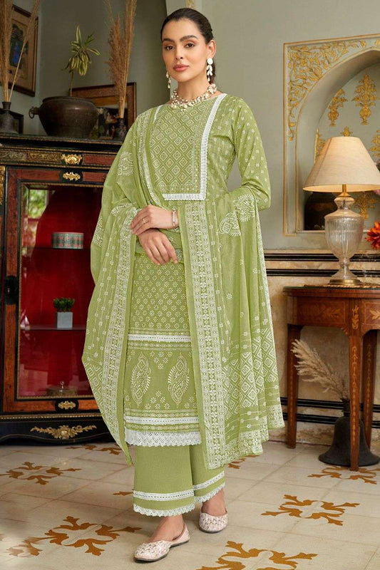 Olive Green Designer Cotton Print Embroidery Work Salwar Kameez Plazzo Pant Suit