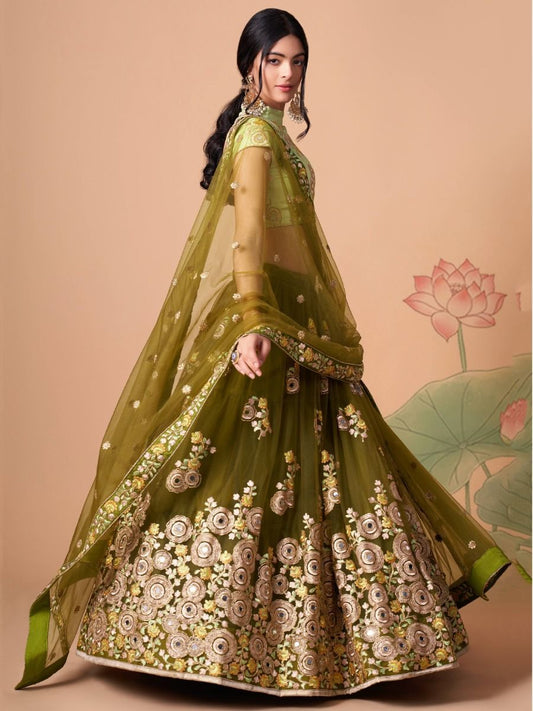 Olive Green Color Embroidery & Sequin Work Custom Stitched Lehenga Choli With Net Dupatta