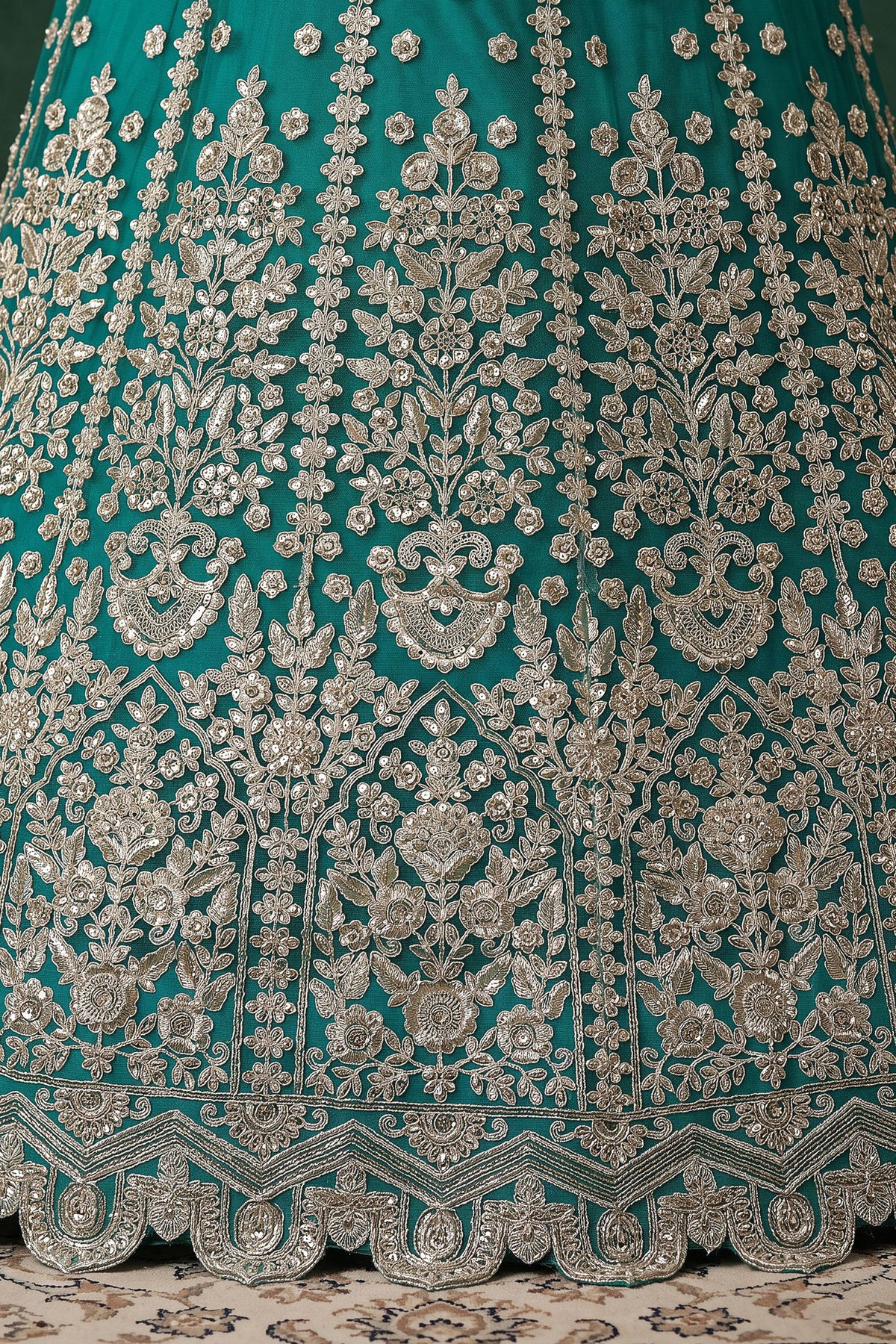 Teal blue blouse embroidery detail with zari dori and sequence work