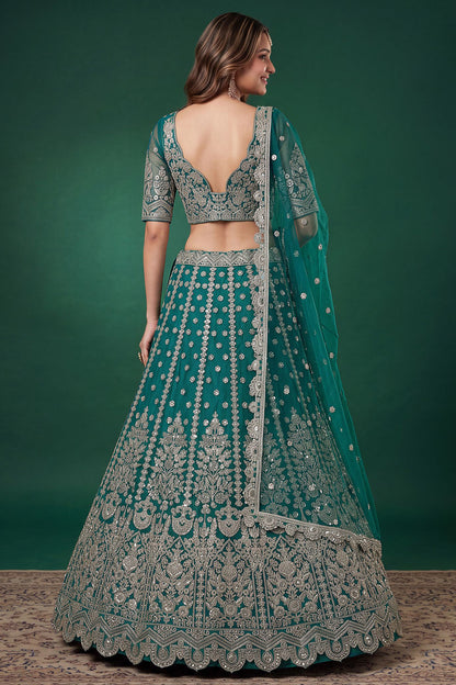 Tealblue ghagra choli back side view with Soft Net dupatta