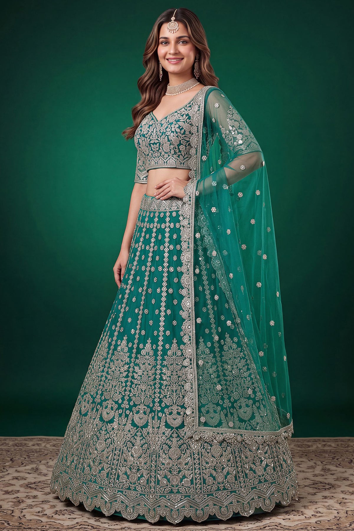 Teal blue ghagra choli full front view for Sangeet wear