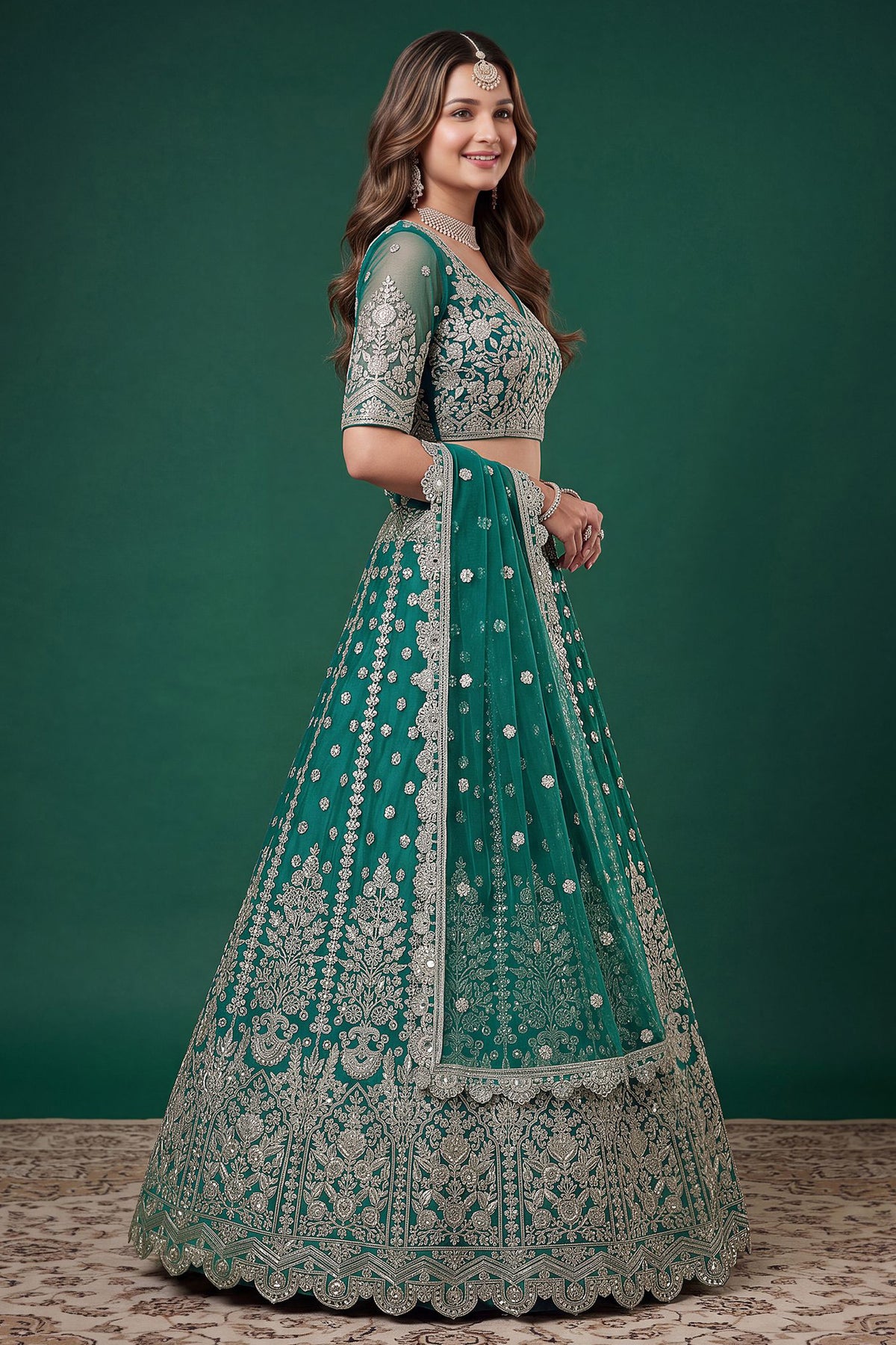 Teal blue ghagra choli side view with Soft Net dupatta