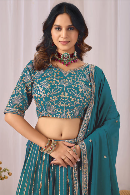 Front view of a teal blue lehenga choli outfit.