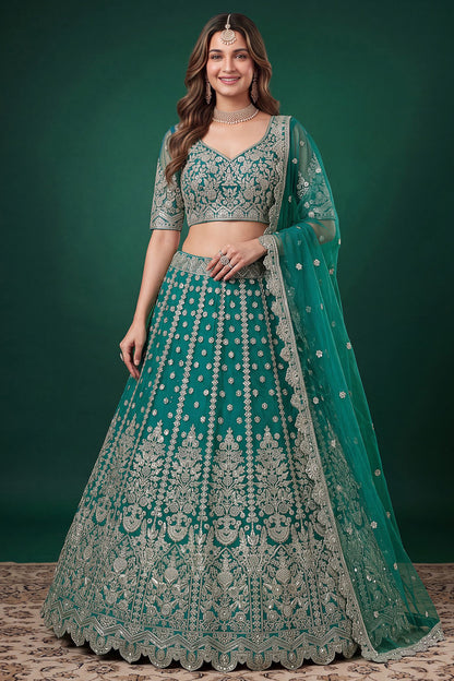 Teal blue lehenga for wedding guest, front view