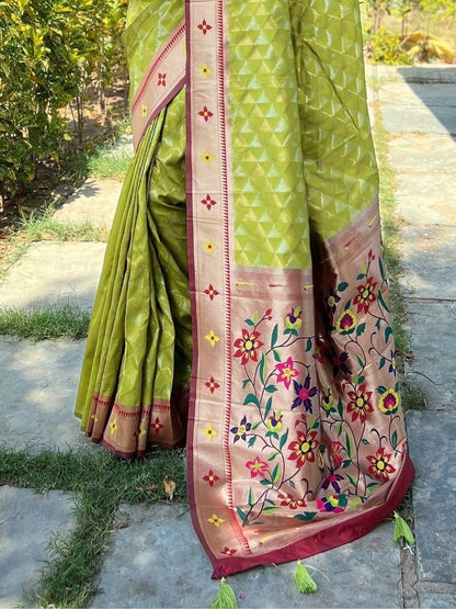 Bollywood Style Women's Wear Pista Green Banarasi Silk Saree With Blouse