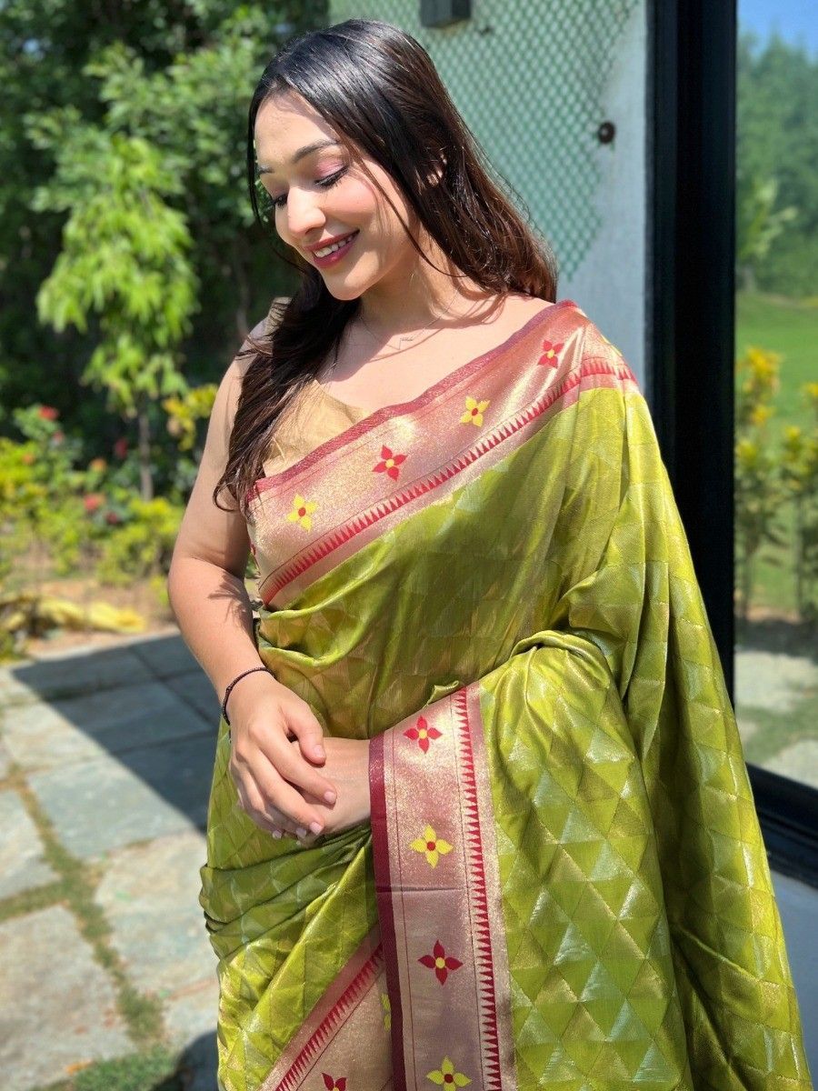 Bollywood Style Women's Wear Pista Green Banarasi Silk Saree With Blouse