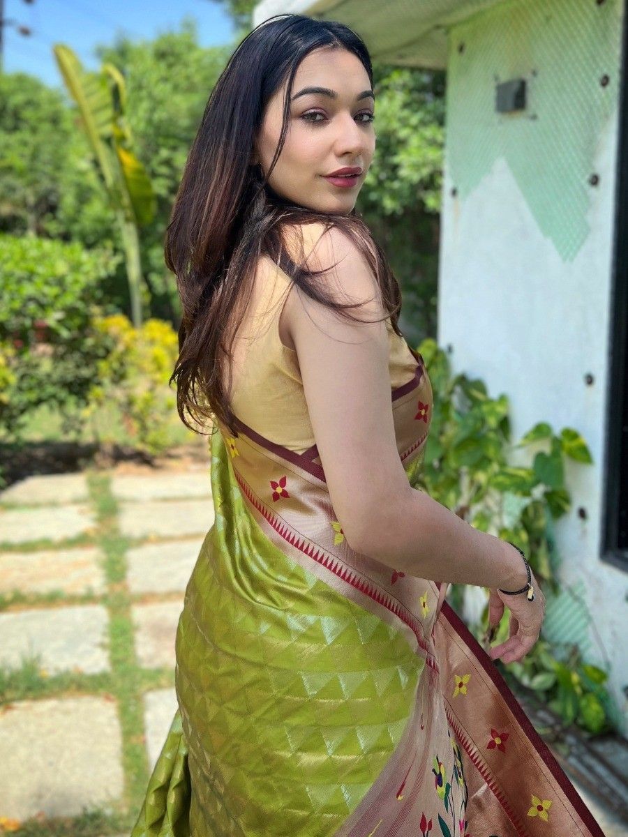 Bollywood Style Women's Wear Pista Green Banarasi Silk Saree With Blouse