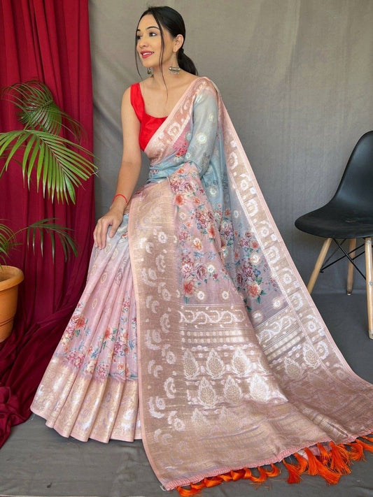 Indian Bollywood Style Light Pink Color Floral Printed Festival Wear Saree With Stitched Blouse