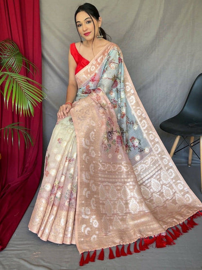 Gorgeous Designer Sky Blue Color Silk Floral Printed Wedding Wear Saree