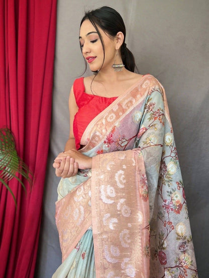 Gorgeous Designer Sky Blue Color Silk Floral Printed Wedding Wear Saree