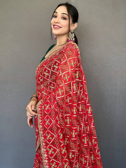 Red Color Printed Georgette Fabric Readymade Wedding Wear Saree