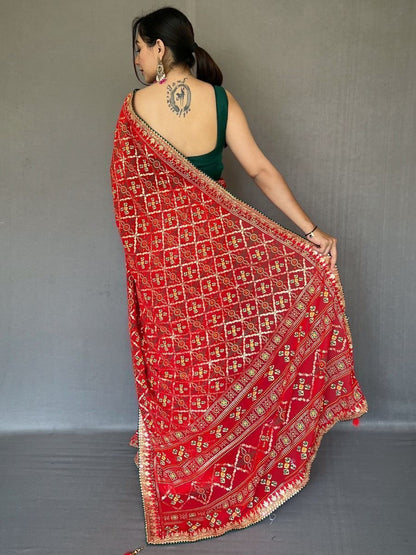 Red Color Printed Georgette Fabric Readymade Wedding Wear Saree