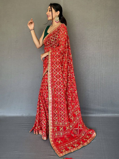 Red Color Printed Georgette Fabric Readymade Wedding Wear Saree