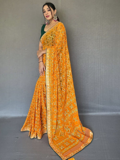 Yellow Color Printed Saree Georgette Fabric Indian Wedding Wear Suits