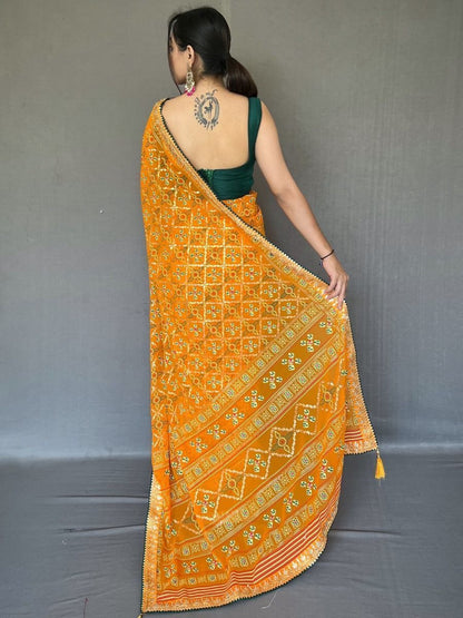 Yellow Color Printed Saree Georgette Fabric Indian Wedding Wear Suits