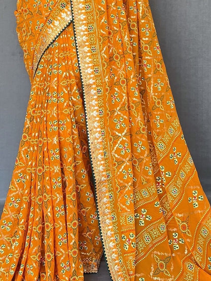 Yellow Color Printed Saree Georgette Fabric Indian Wedding Wear Suits