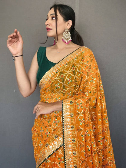 Yellow Color Printed Saree Georgette Fabric Indian Wedding Wear Suits