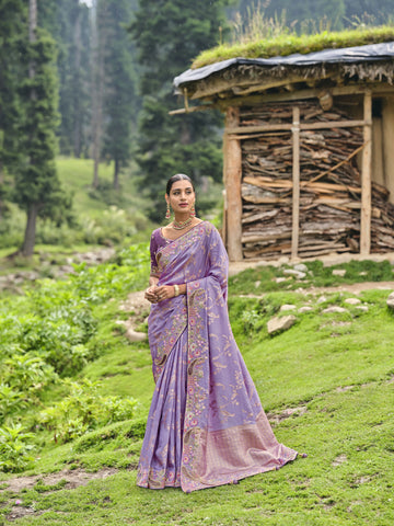 Irresistible Lavender Color Pure Dola Fabric Festival Wear Designer Saree With Blouse