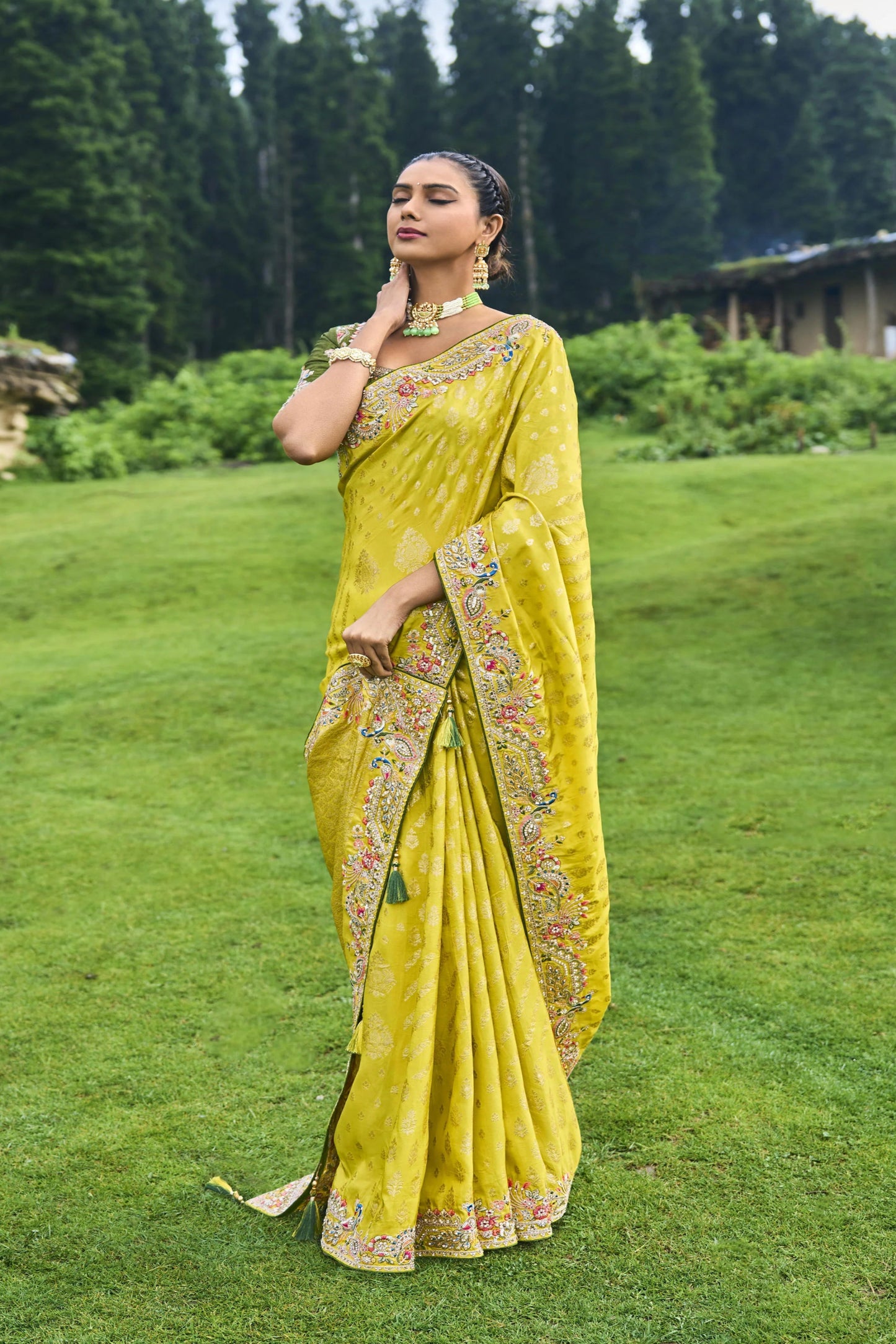 Dazzling Lemon Color Embroidered Work Festival Wear Saree With Dupatta