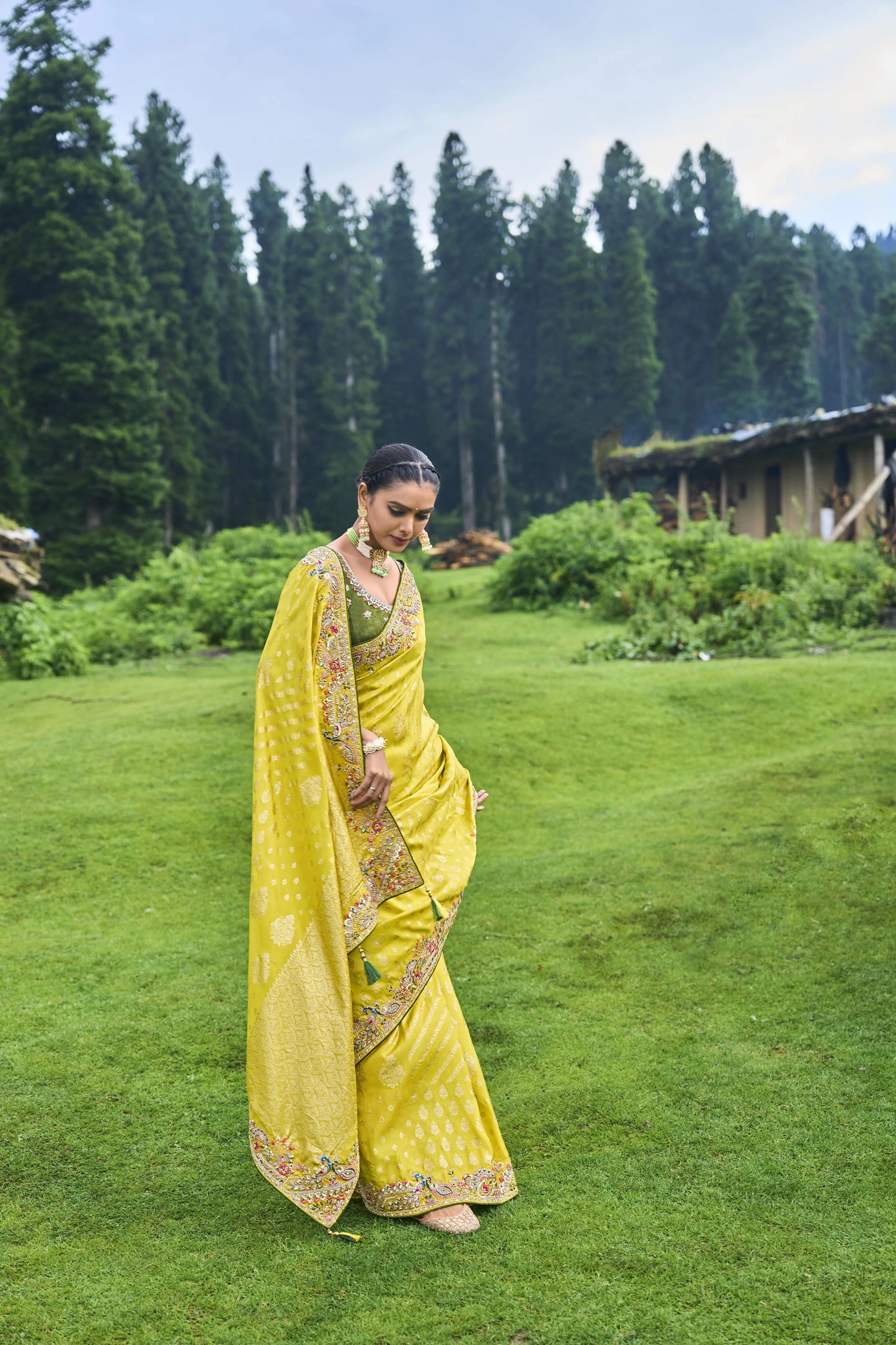 Dazzling Lemon Color Embroidered Work Festival Wear Saree With Dupatta