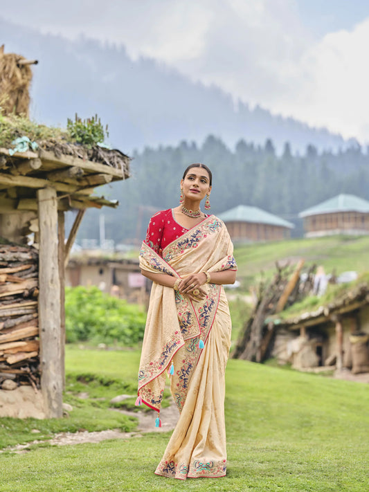 Wedding Party Wear Stylish Off-White Color Saree With Beautiful Saree