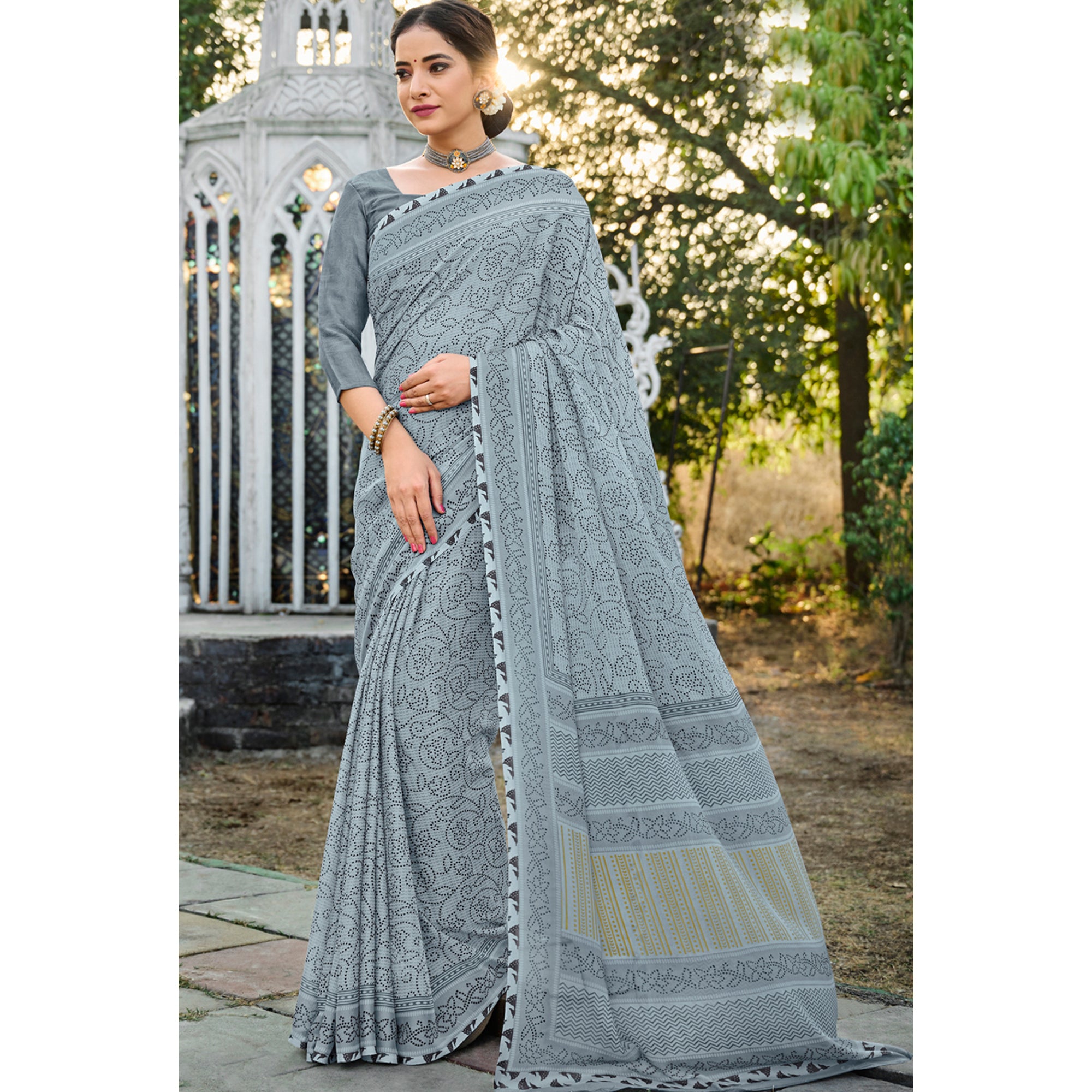 Stunning Grey Color Georgette Fabric Printed Work Festival Wear Saree