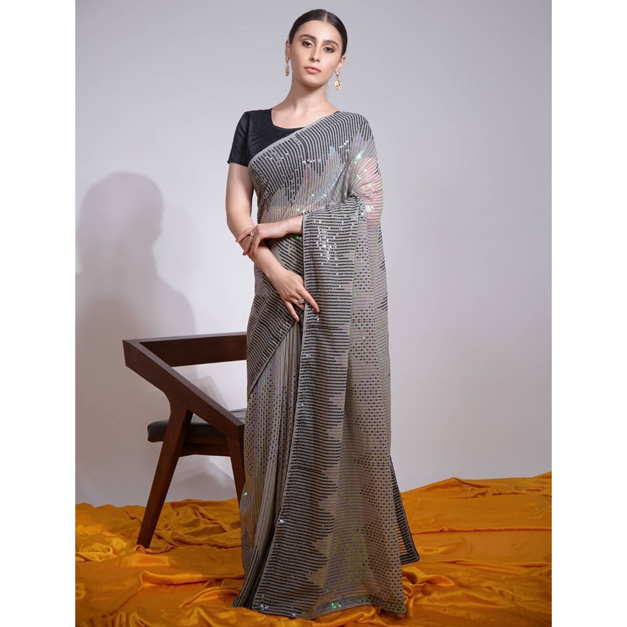 Women's Stylish Sequence Georgette Readymade Saree With Stitched Blouse