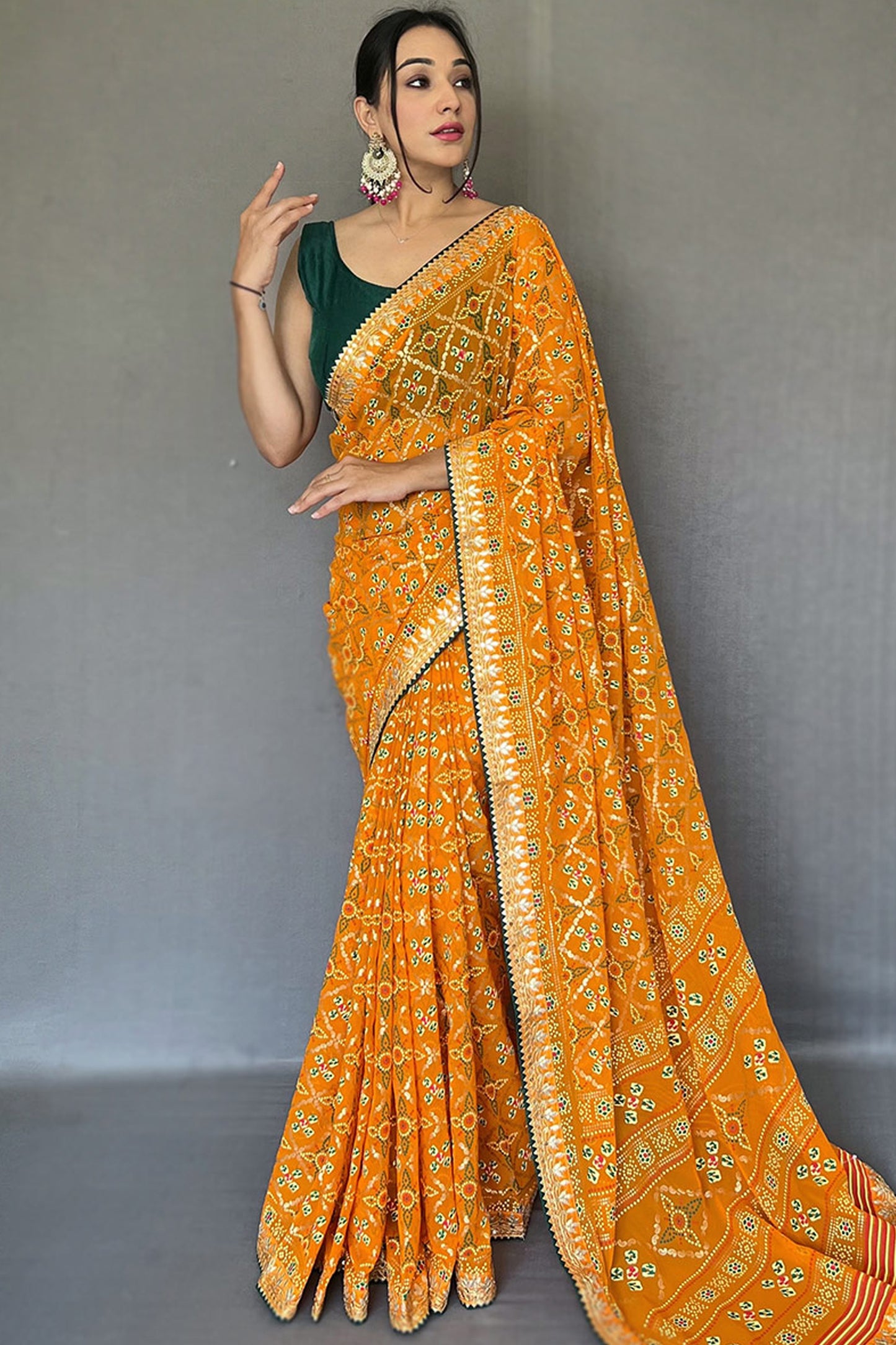 Yellow Color Printed Saree Georgette Fabric Indian Wedding Wear Suits