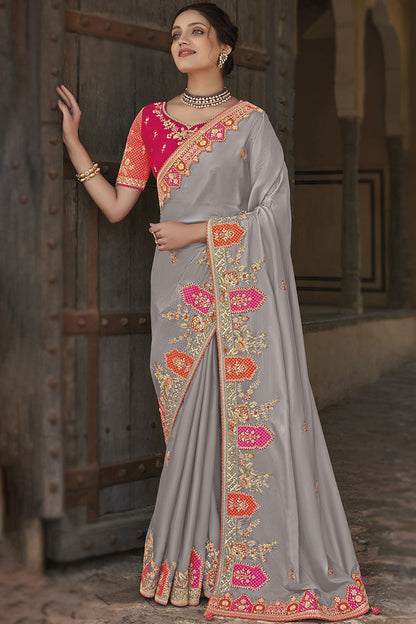 Stunning Grey Color Fancy Silk Fabric Patch Work Festival Wear Saree