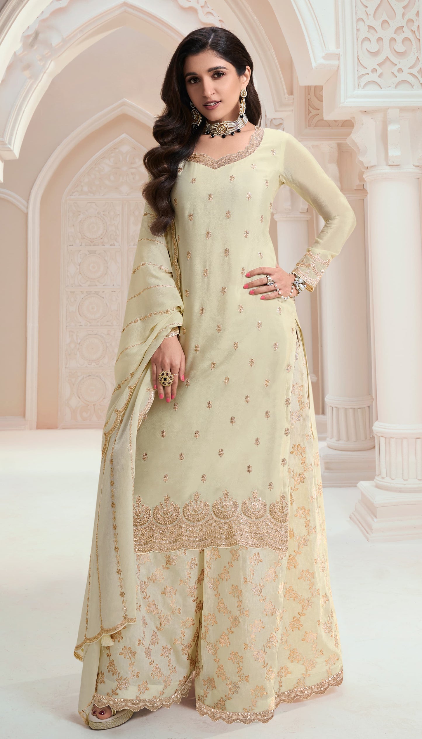 Attractive New Designer Embroidery Chinon Fabric Salwar Kameez Plazzo Suit