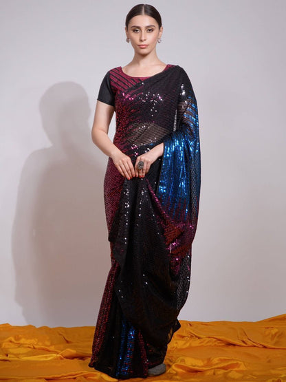 Designer Black Sequins Work Goregette Fabric Wedding Event Wear Saree