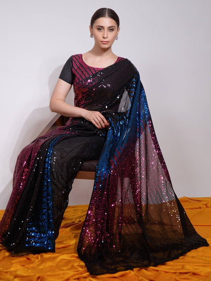 Designer Black Sequins Work Goregette Fabric Wedding Event Wear Saree