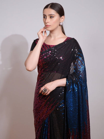 Designer Black Sequins Work Goregette Fabric Wedding Event Wear Saree