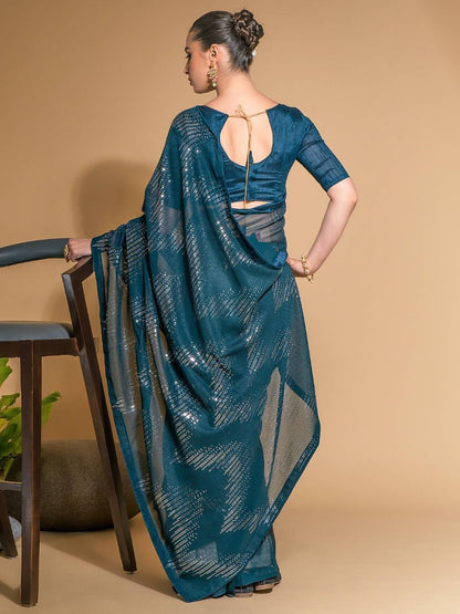 Beutiful Teal Blue Color Sequins Work Wedding Reception Wear Fancy Saree