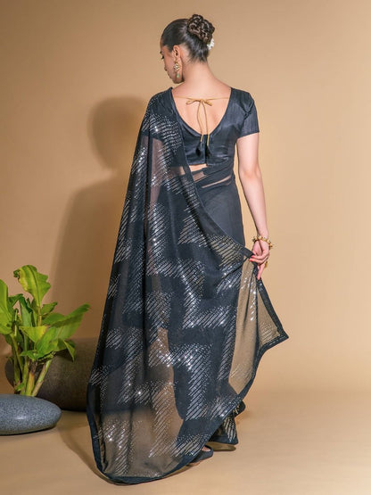 Charming Grey Color Georgette Fabric Sequins Work Occasion Wear Saree