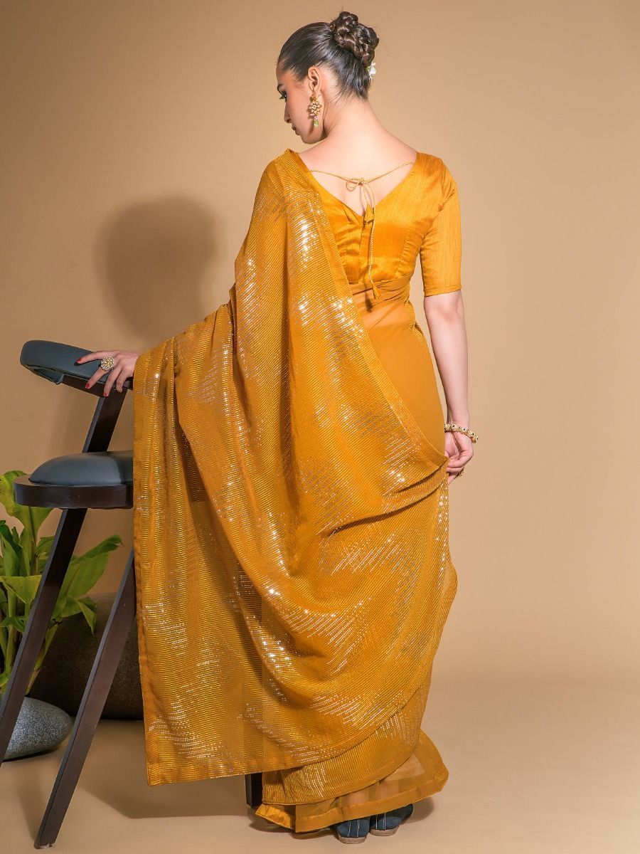 Gorgeous Designer Mustard Color Sequins Work Haldi Function Wear Saree