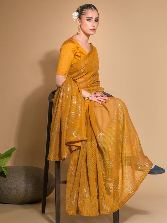 Gorgeous Designer Mustard Color Sequins Work Haldi Function Wear Saree