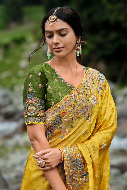 Ravishing Mustard Color Embroidery Work Designer Silk Fabric Festival Wear Saree