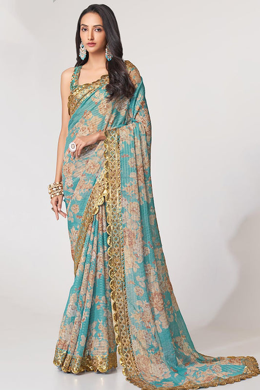 Stunning Sky Blue Floral Printed Organza Fabric Party Wear Saree With Blouse