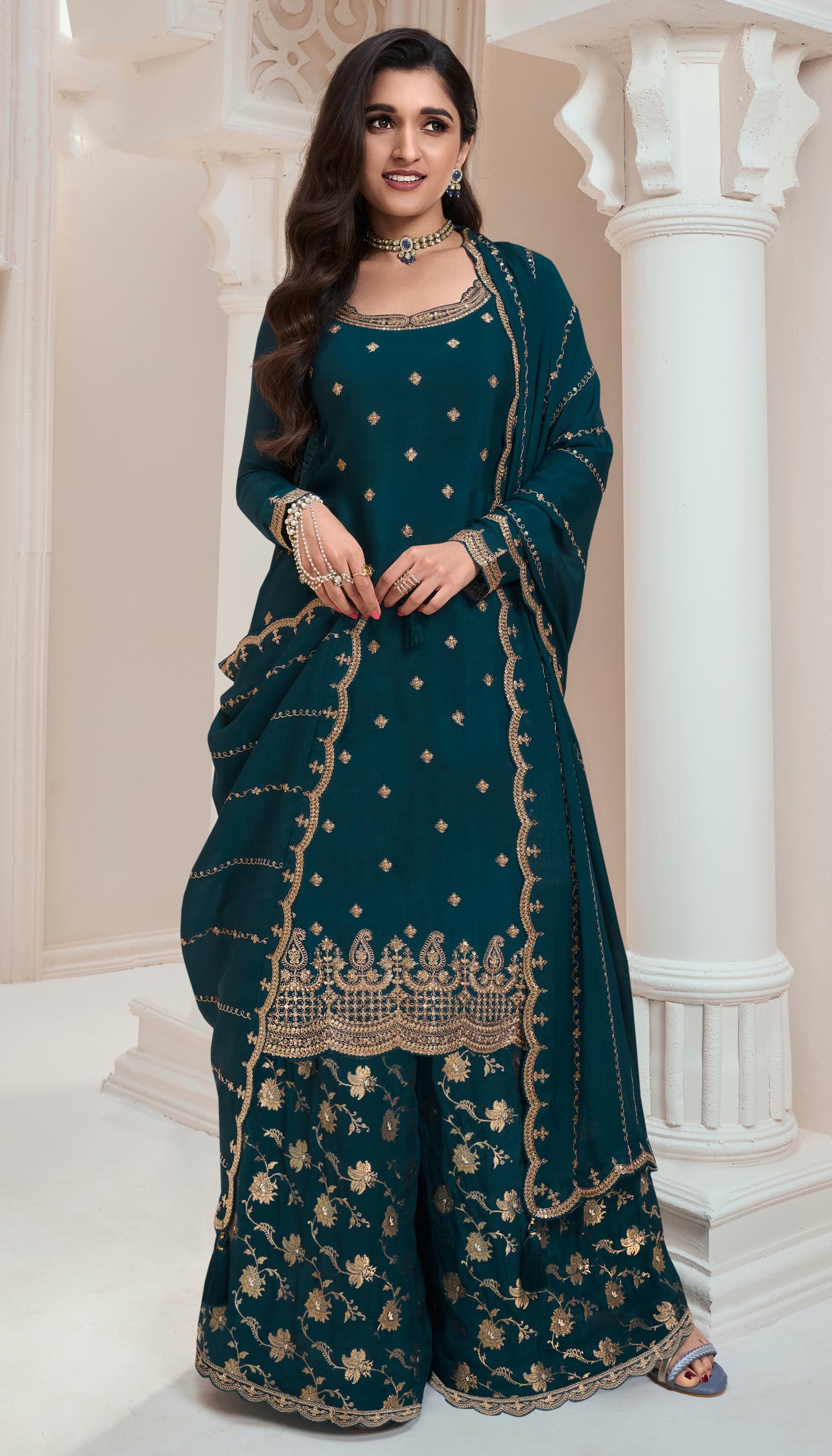 Attractive New Designer Embroidery Chinon Fabric Salwar Kameez Plazzo Suit