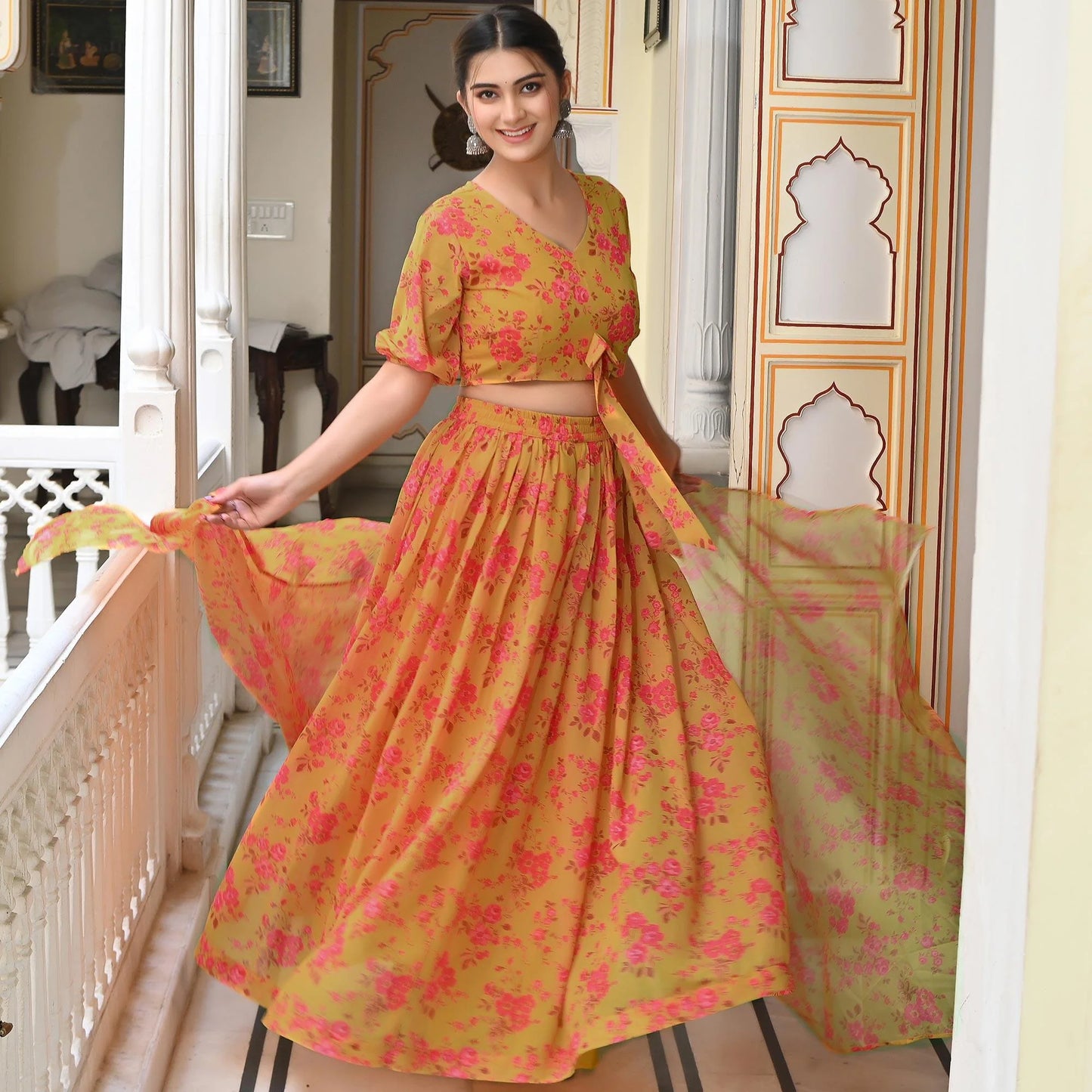 Georgeous Mustard Color Floral Printed Festival Outfit Georgette Material Lehenga Choli