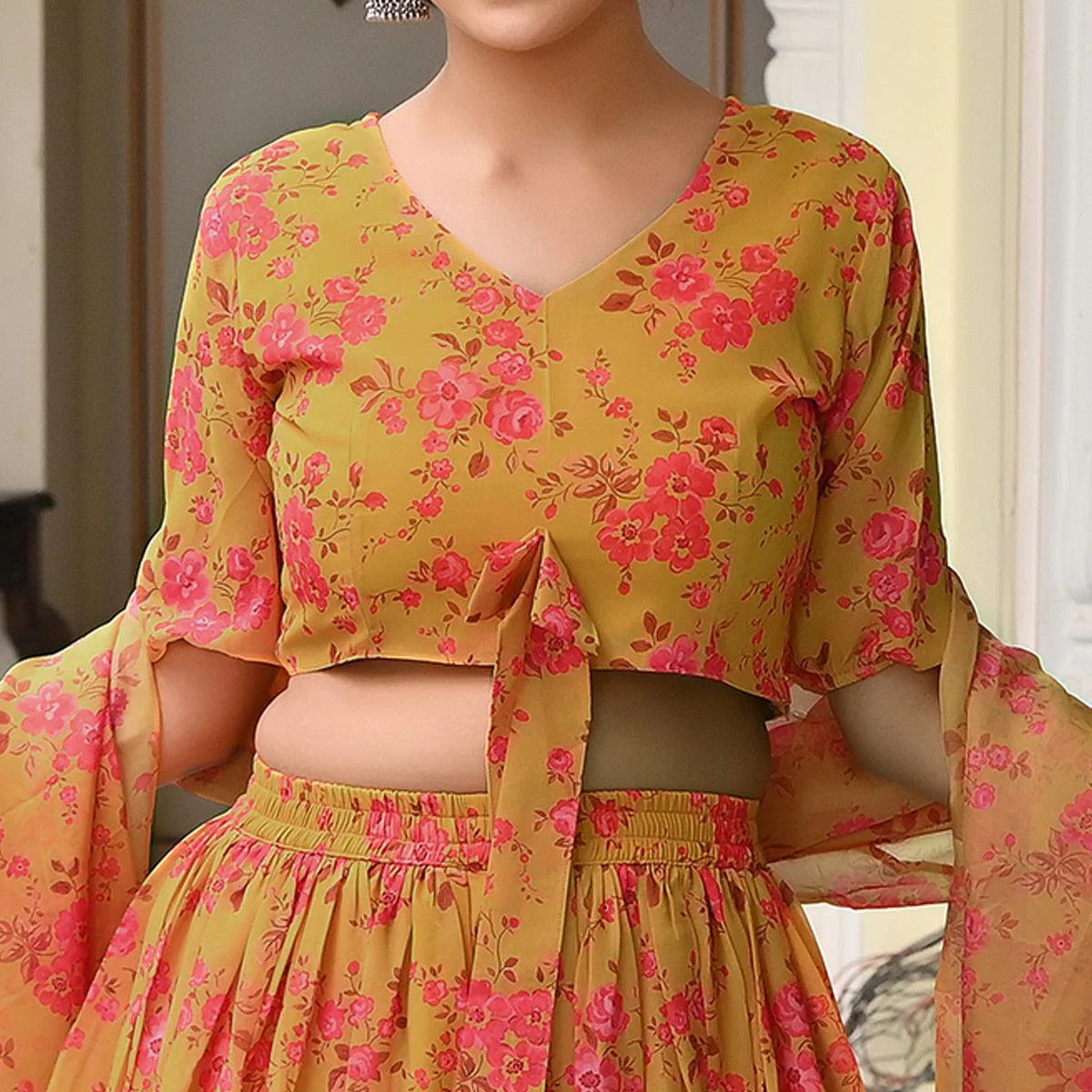 Georgeous Mustard Color Floral Printed Festival Outfit Georgette Material Lehenga Choli