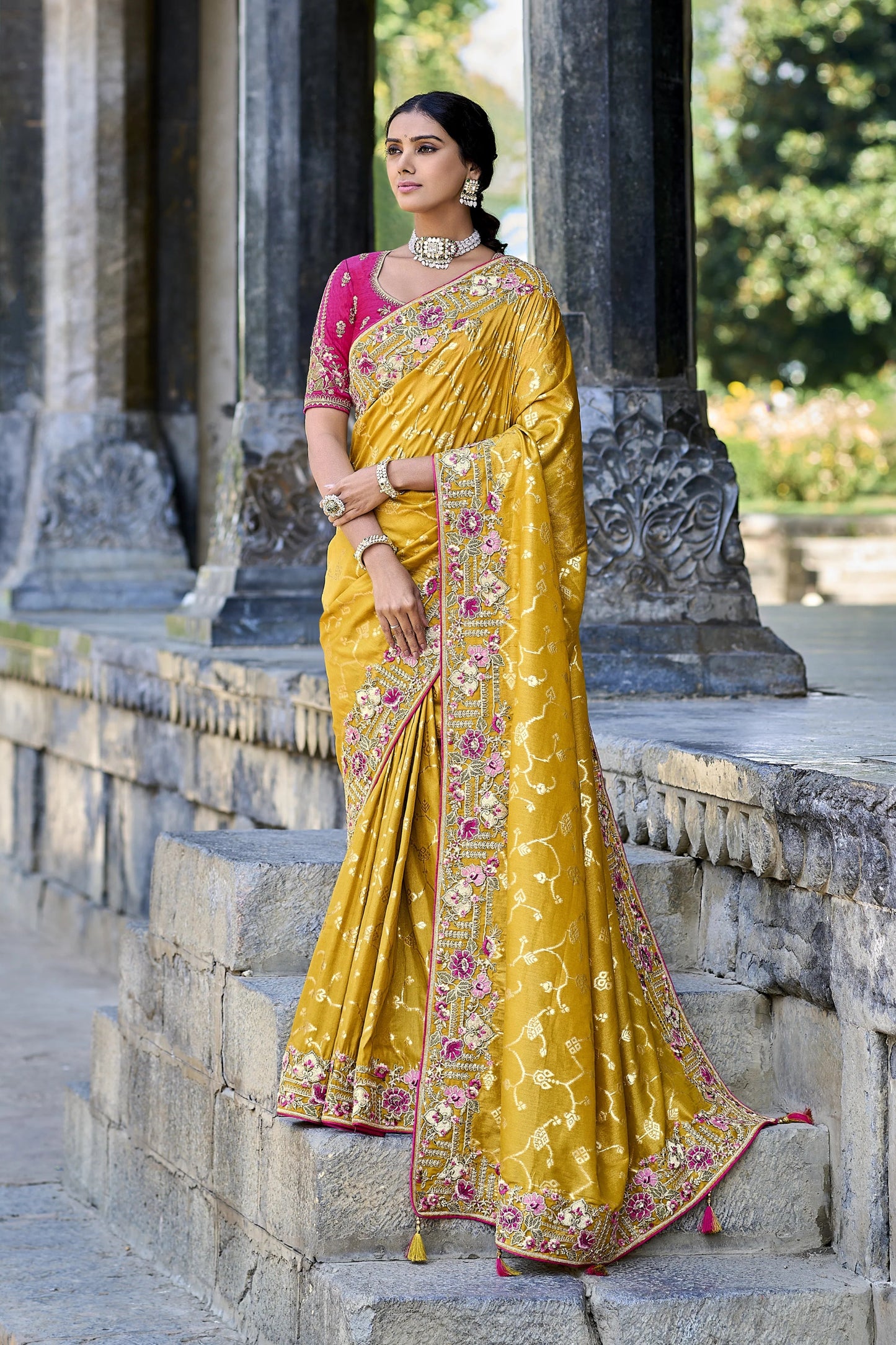 Exquisite Yellow Color Designer Silk Fabric Style Saree With Fancy Blouse